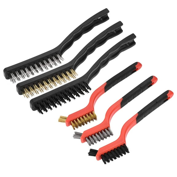 Scratch Brushes Stainless Steel & Brass & Nylon Wire Brush Set Curved Handle for Cleaning Small Parts, Paint, Rust, Engine Components, 6 Pack