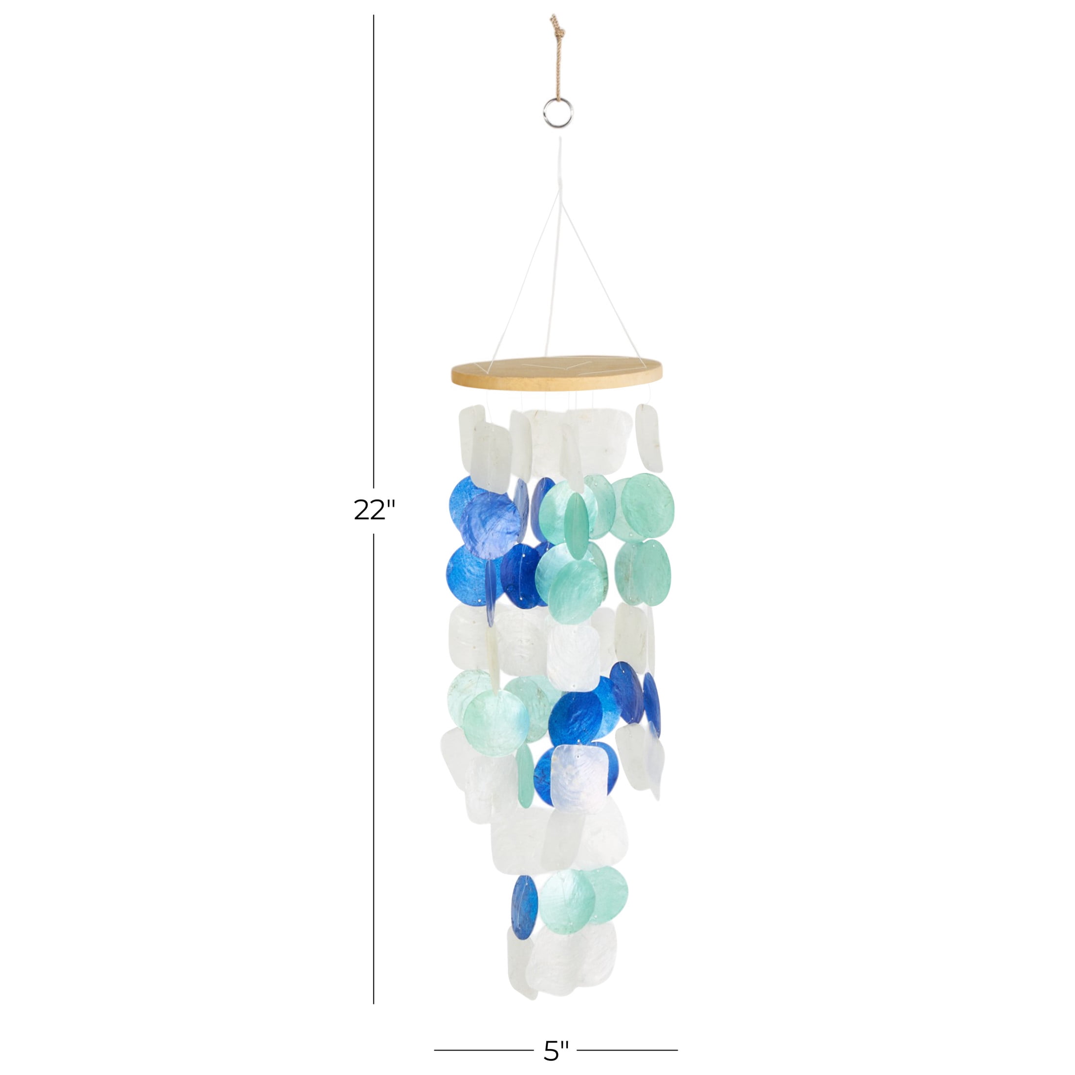 DecMode 5" White Capiz Shell Waterfall Geometric Windchime with Blue and Teal Accents