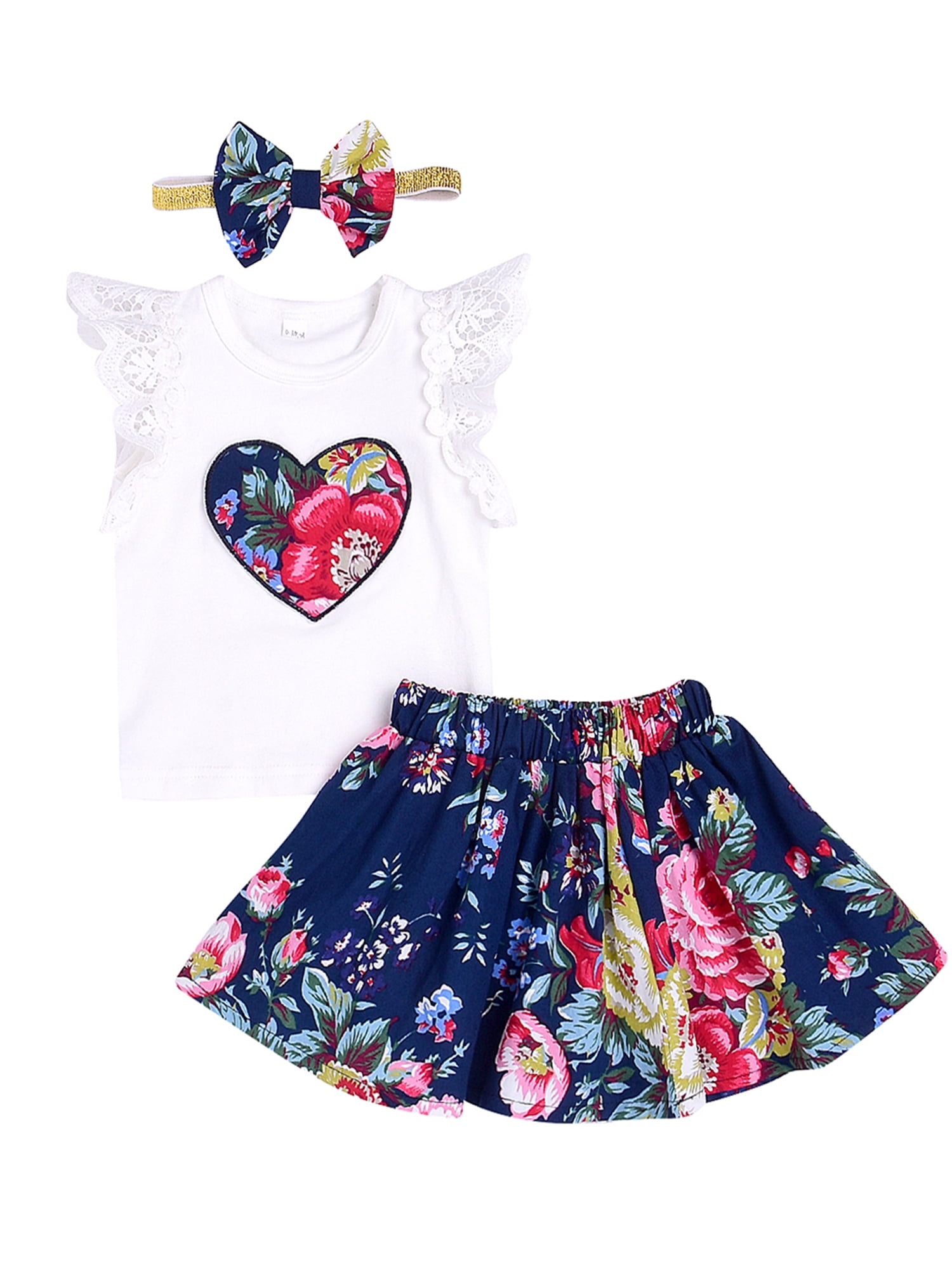 Infant Baby Girls Embroidery Heart Top with Floral Skirt and Headband 3