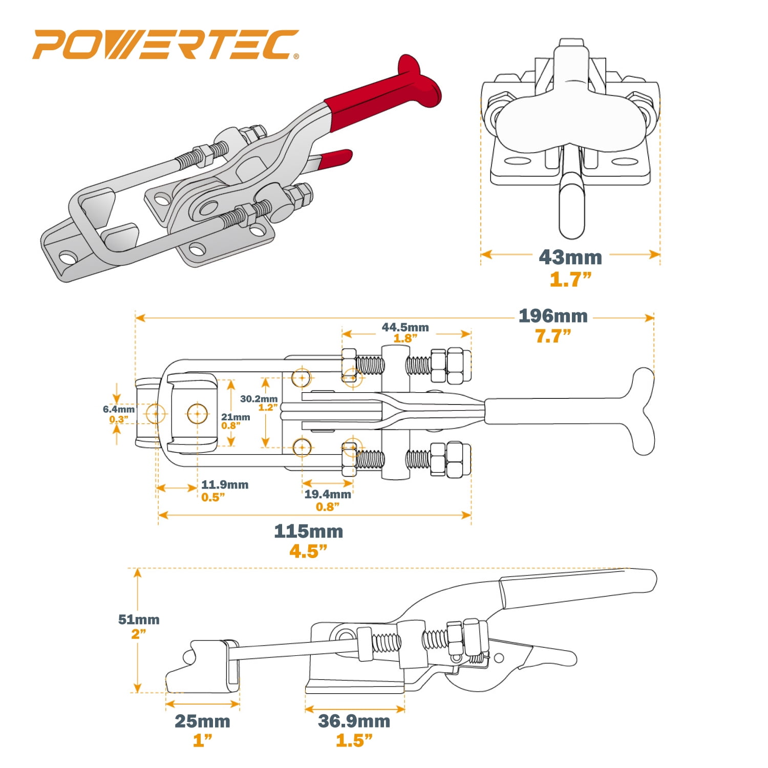POWERTEC 4PK Toggle Clamp, 700 lbs Capacity, 431 Self-Lock U-Bolt Adjustable Latch w/Antislip Hand Grip for Woodworking Jigs & Fixtures, Smoker, Tool Box, Cabinet, 20341-P2