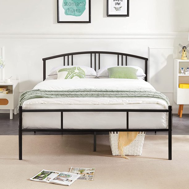 VECELO Full Size Metal Platform Bed Frame with Curved Headboard, Heavy