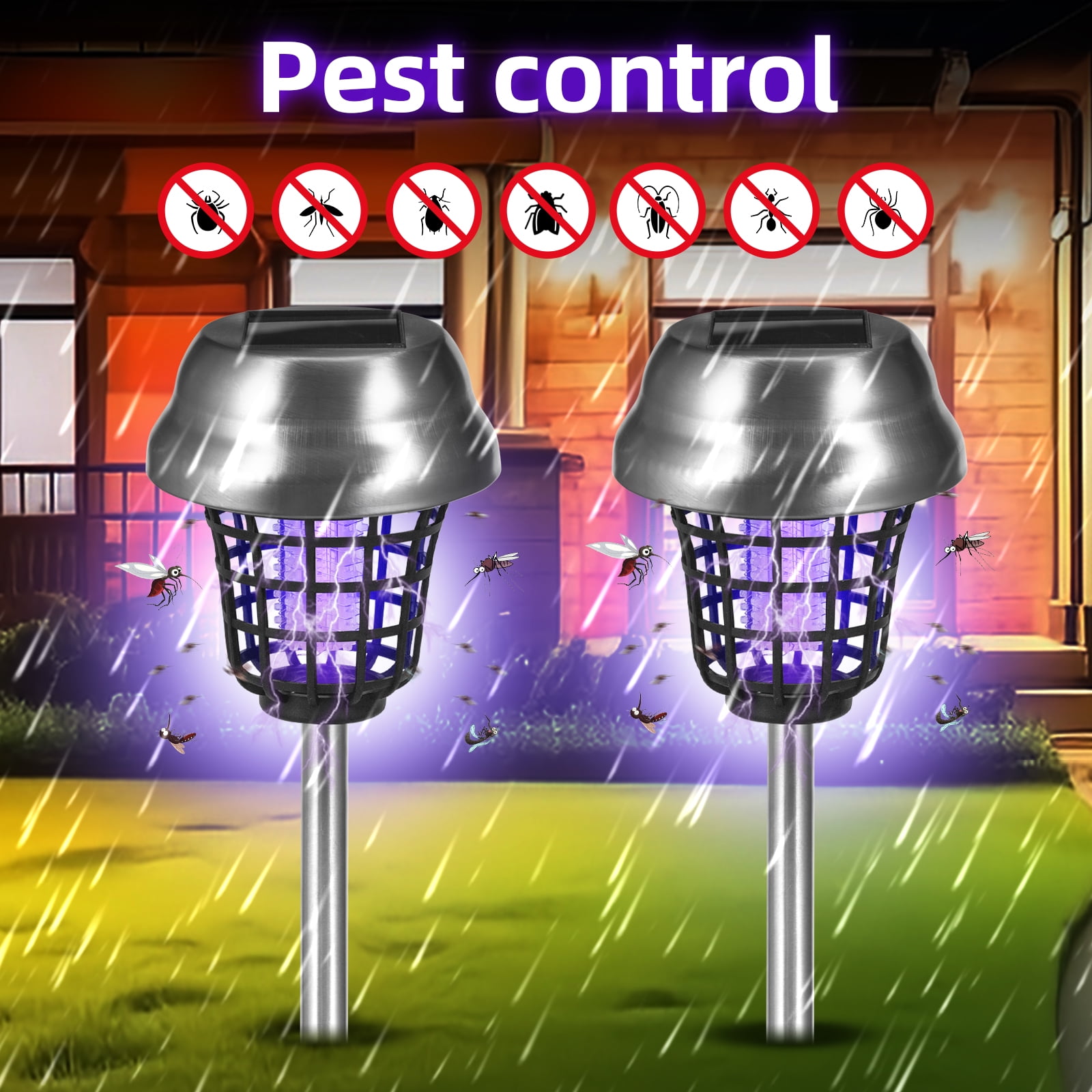 Outdoor Solar Bug Zapper Repellent Lamp Stake Light, 2-Pack, Effective Mosquito & Fly Killer for Yard Garden Camping