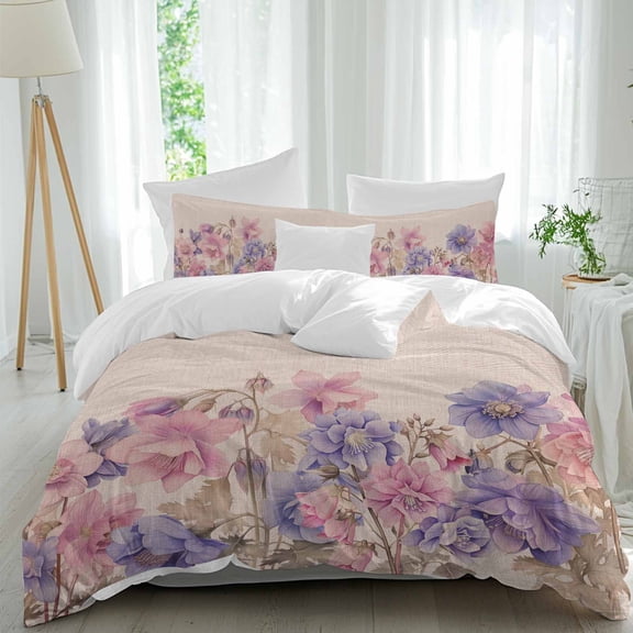 3 Piece Pink Blue Spring Floral Duvet Cover Set Queen Size,Microfiber Comforter/Quilt Cover with Corner Ties and 2 Pillowcases,Rustic Summer Flower Botanical All Season Bedding with Zipper Closure