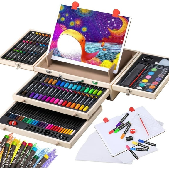 137 PCS Art Supplies, Wooden Art Set Crafts Kit with Drawing Easel, Colored Pencils, Watercolor Cakes, Creative Gift for Kids