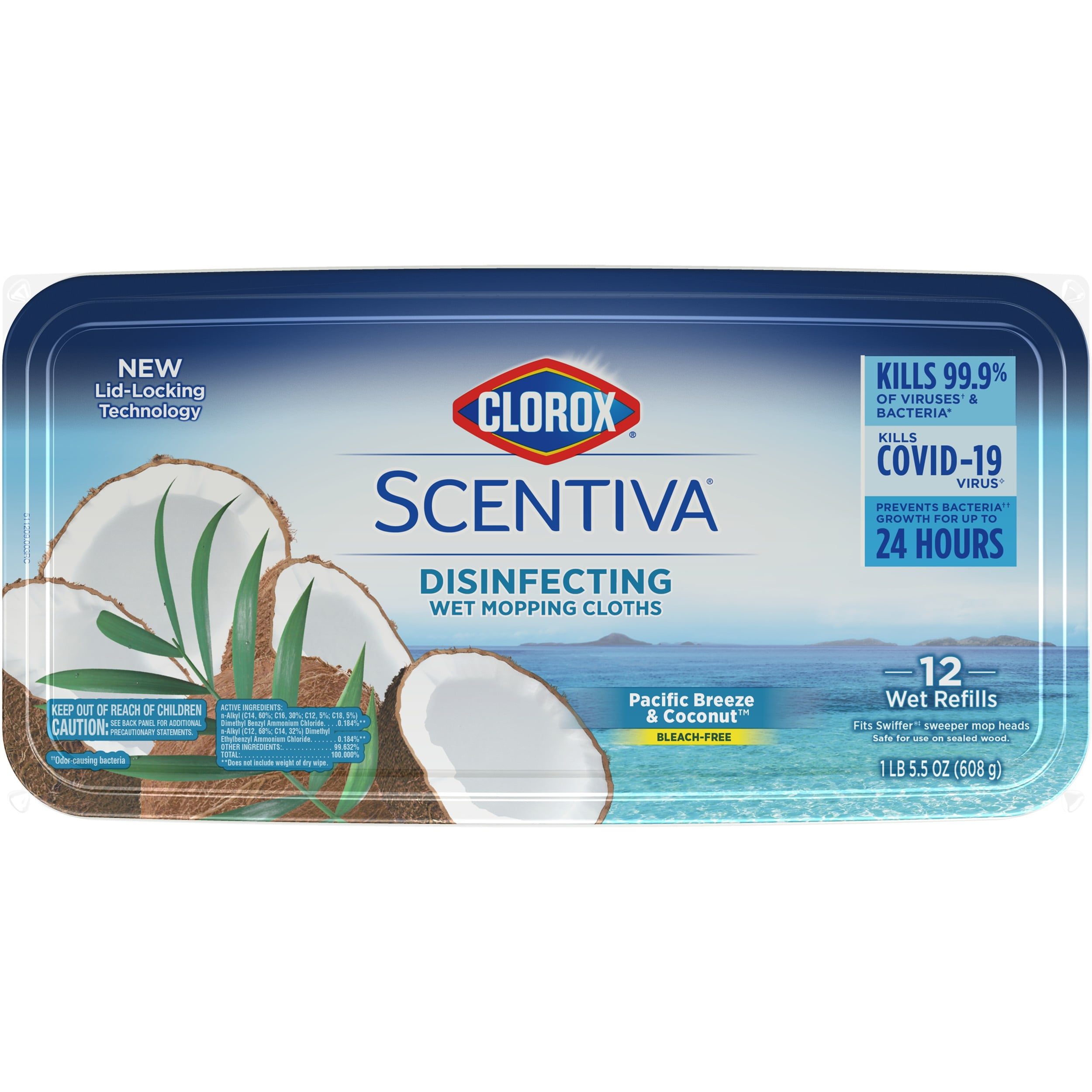 Clorox Scentiva Disinfecting Wet Mop Pads, Pacific Breeze and Coconut, 12 Count