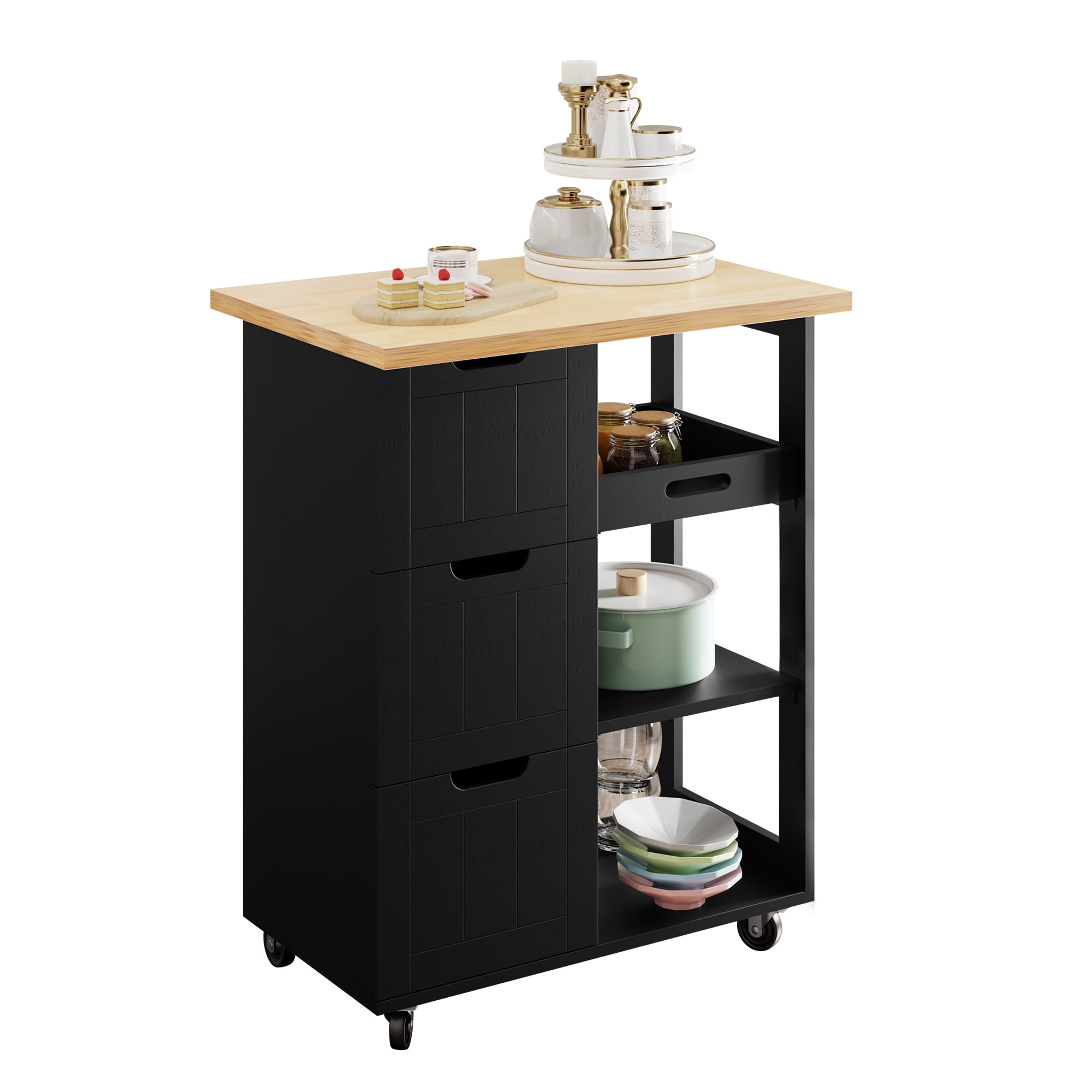 Walsunny Kitchen Island, Rolling Kitchen Storage Cart with 3 drawers 3 Level Open Wooden shelving Counter tops（Black）