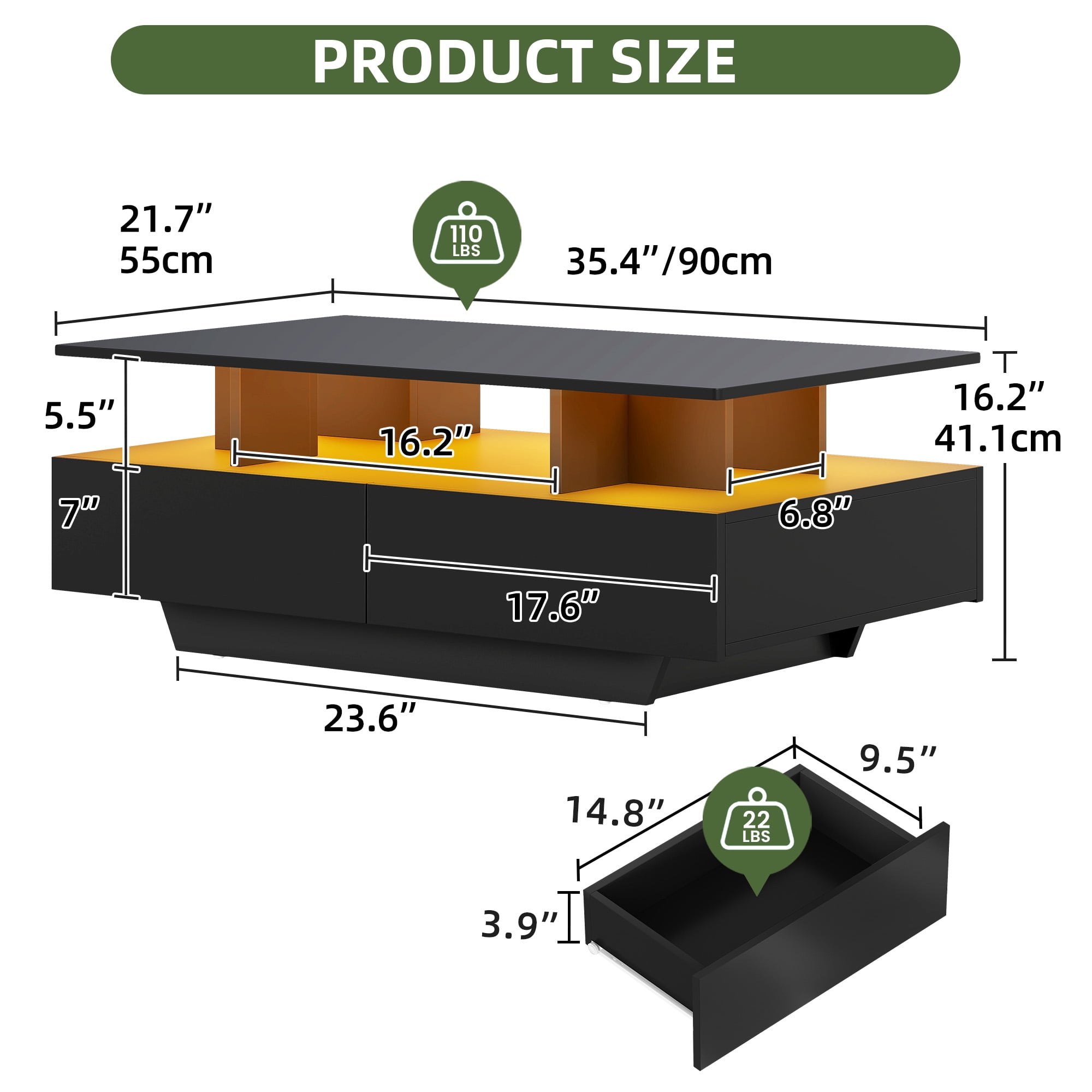 Uforic Modern LED Coffee Table, Center Tables with Storage for Living Room, Black