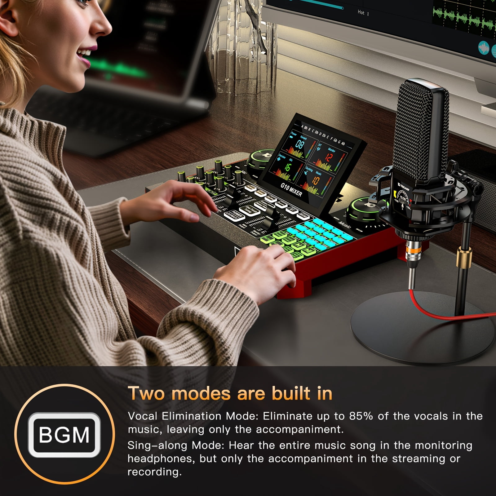 Tenlamp Podcast & Gaming Audio Mixer with Condenser Microphone, Voice Changer & Reverb Modes