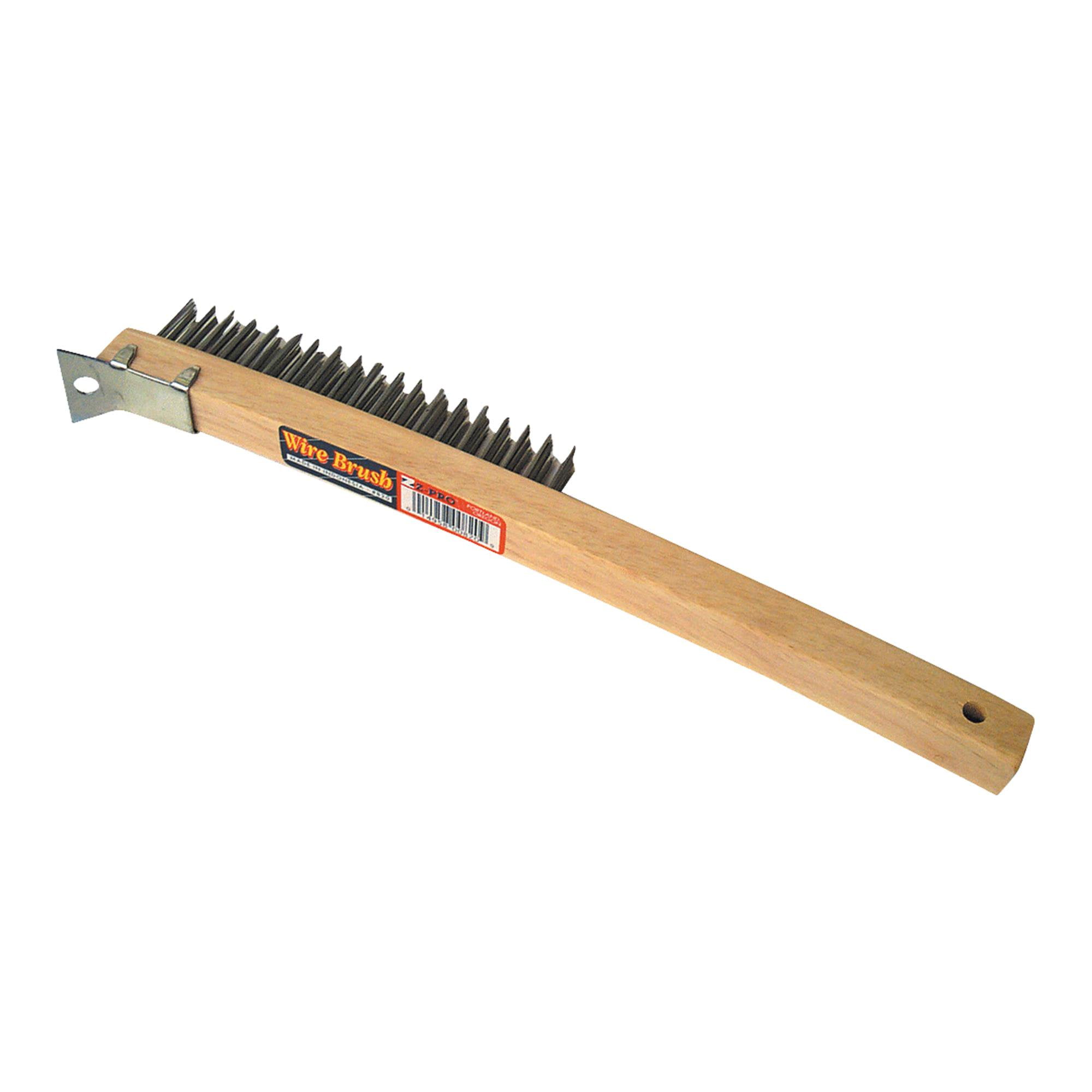 Premier Long Curved Wood Handle Wire Brush With Metal Scraper