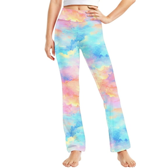 MKOSPLRT High Wasit Pants for Girl Tie Dye Print Flare Pants Casual Gym Butt Lifting Pants Stretch Running Leggings for 2-13 Years Kids Clothes
