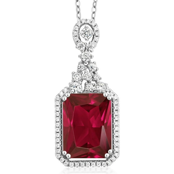 Gem Stone King 925 Sterling Silver Red Created Ruby Pendant Necklace for Women (5.60 Cttw, Emerald Cut 14X10MM, with 18 inch Silver Chain)