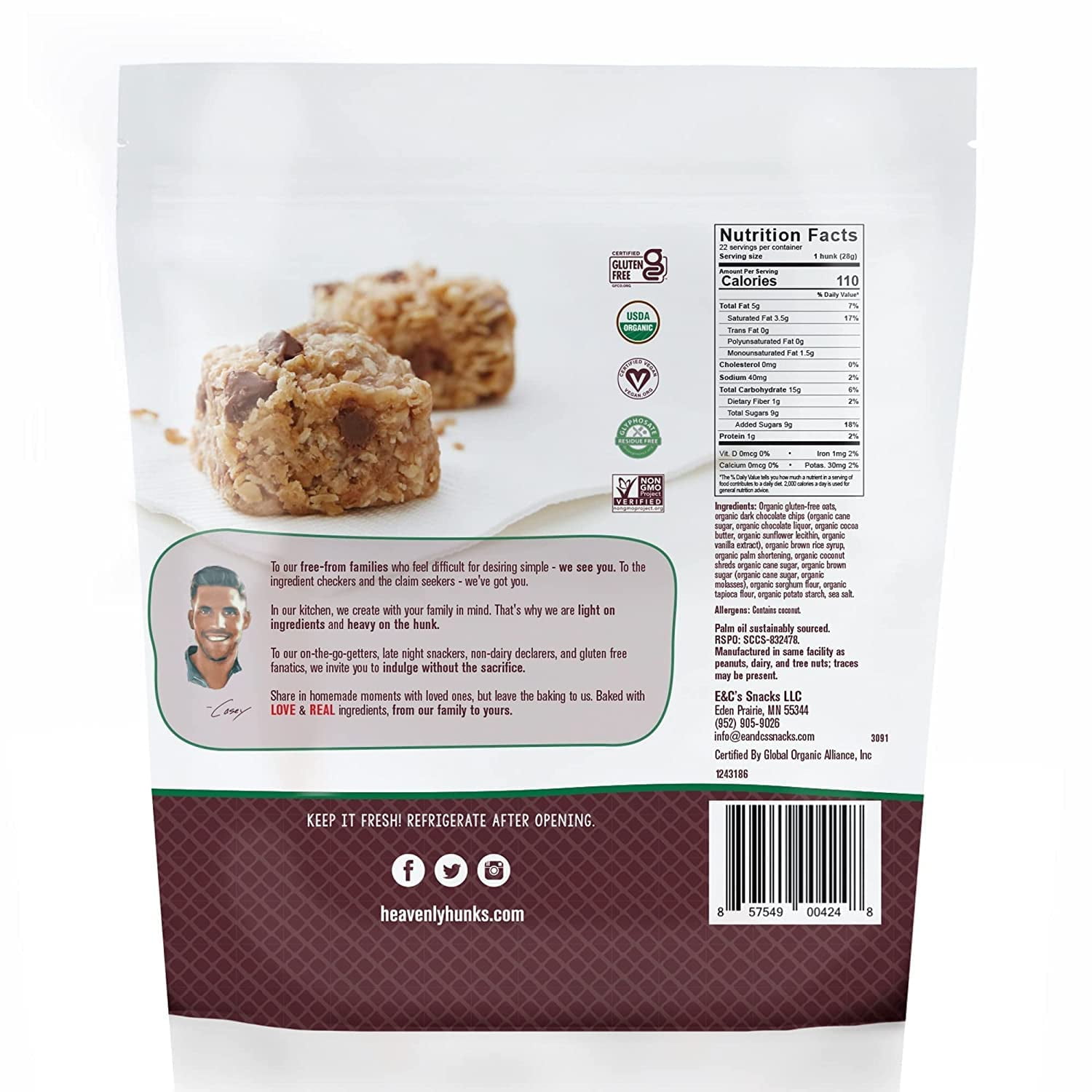 Heavenly Hunks Organic Oatmeal Dark Chocolate, 22 oz Bag
