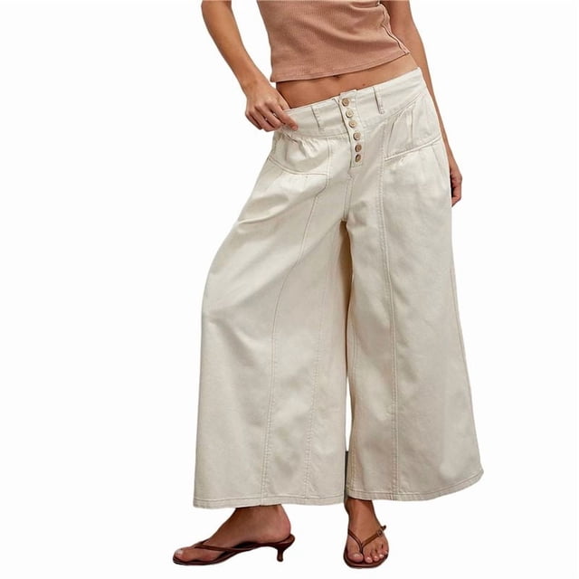Pantalones Vaqueros Anchos para Mujer, Holgados, con Cintura Elástica, Botones, Estilo Boyfriend, Informales, Sueltos, con Bolsillos. Beige S