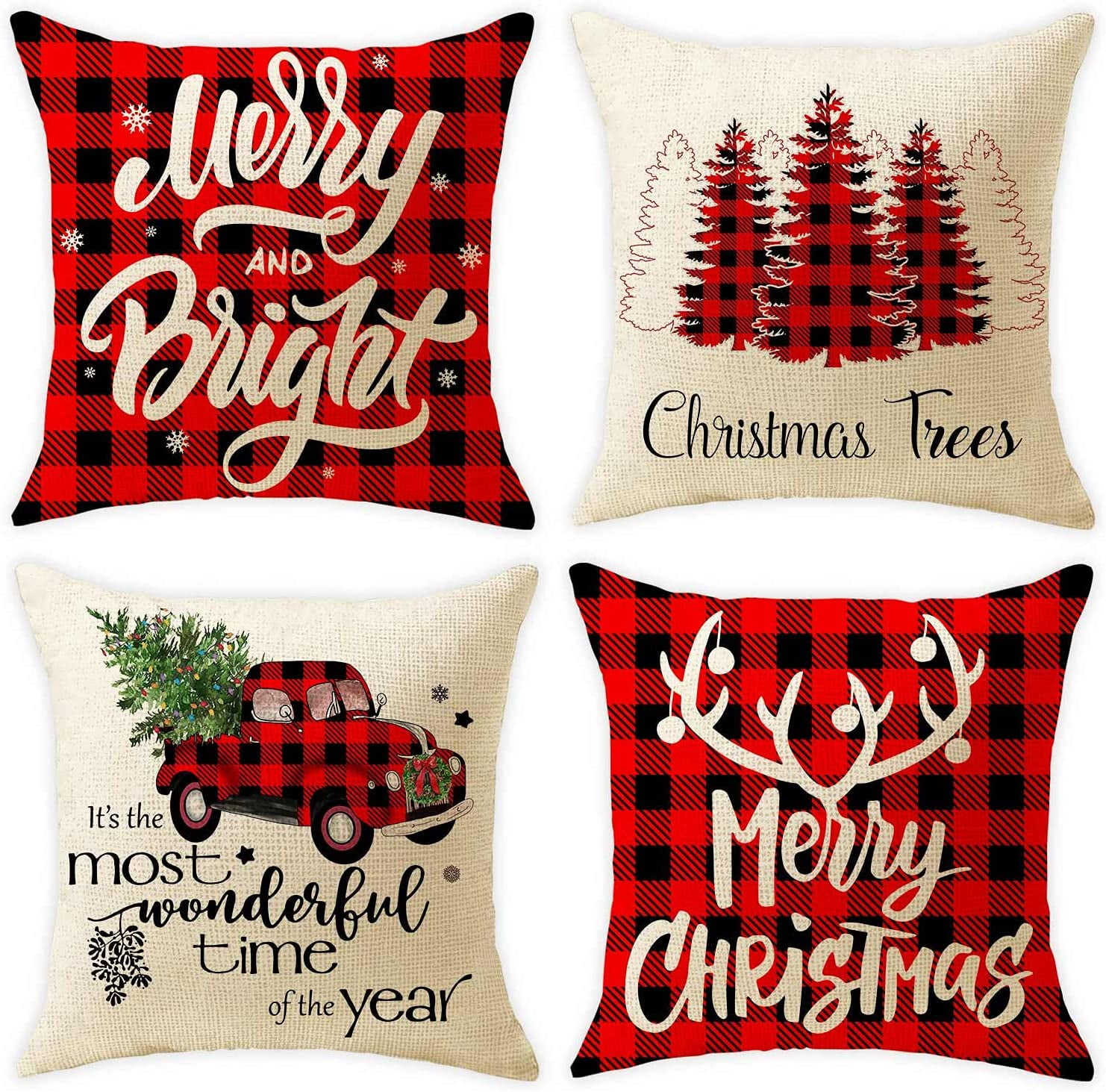 Festive Red and Black Buffalo Plaid Christmas Pillow Covers Set of 4