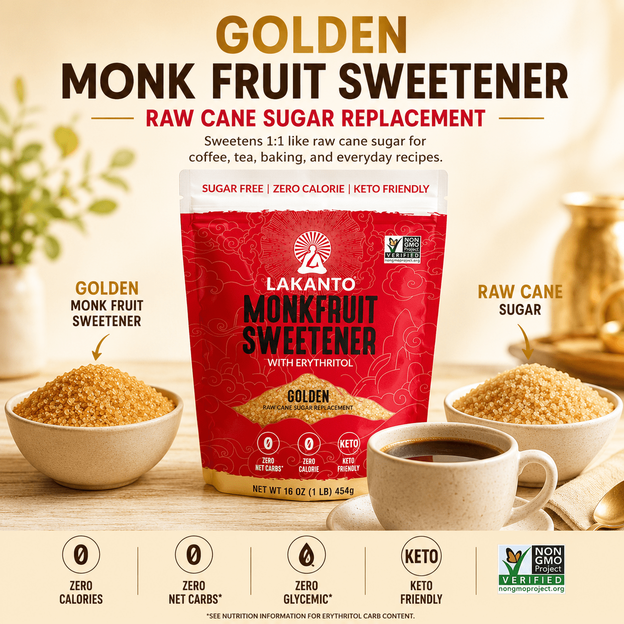 Lakanto Monk Fruit Sweetener - 1:1 Raw Cane Sugar Substitute, Zero Calorie, Keto Diet Friendly, Zero Net Carbs, Zero Glycemic, Baking, Extract, Sugar Replacement (Golden - 1 lb)