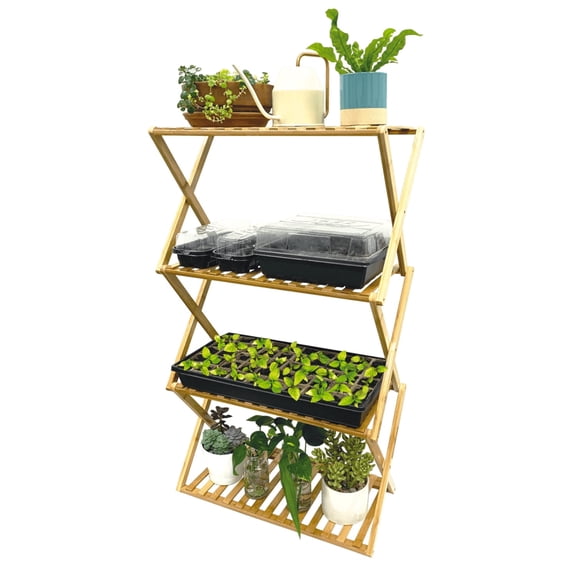 Ferry-Morse Indoor Seed Starting Multi-Tier Beige Bamboo Plant Rack with Collapsible Design, Reusable
