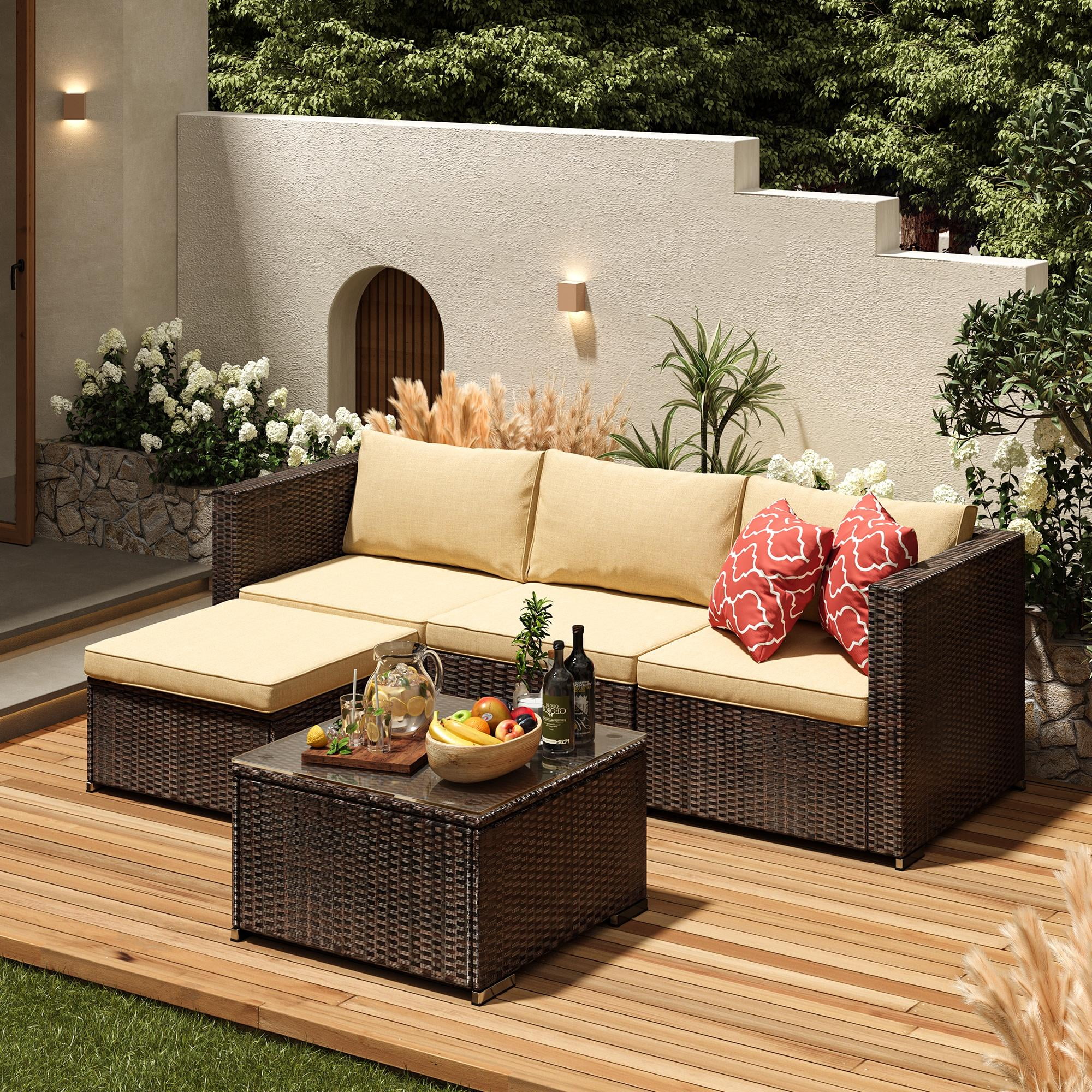 Asofer 5 Pieces Patio Furniture Set, Outdoor Conversation Sectionals, Wicker Chairs Sofa with Cushion and Glass Table,Beige