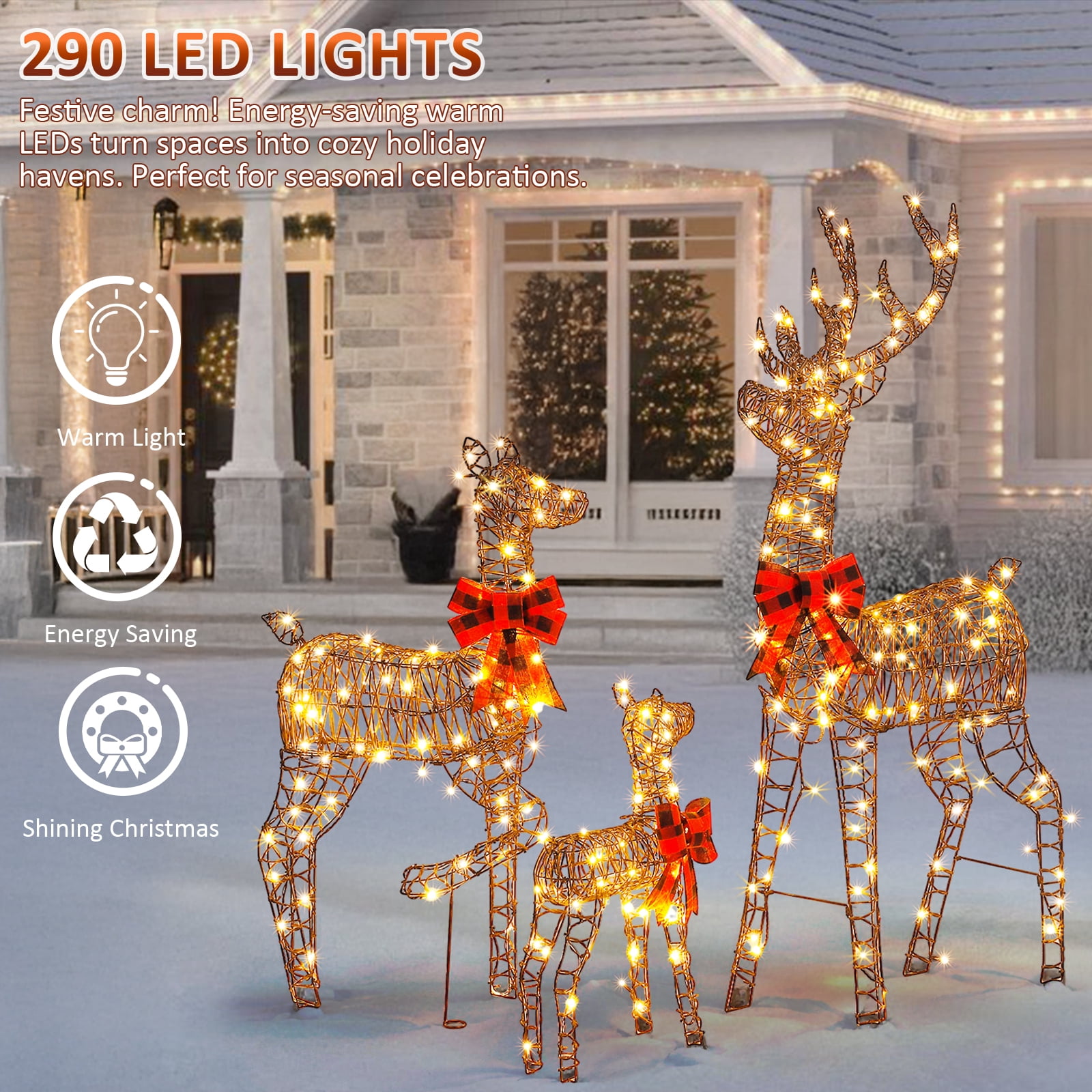 Astoutdoor 3-Piece Lighted Christmas Reindeer Family Set, Weather-Resistant Rattan, 290 Warm White LED Lights, 5 ft, White
