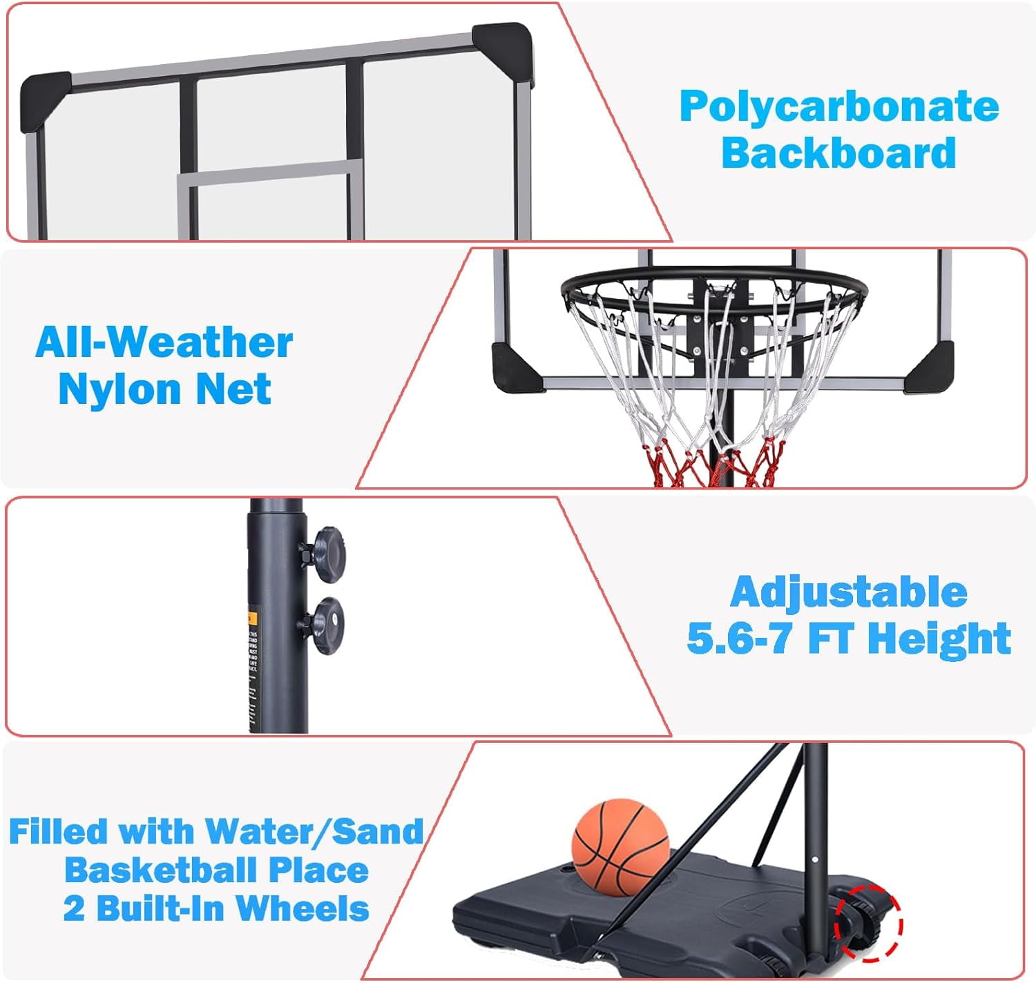 Portable Basketball Hoop, 5.6ft - 7ft Adjustable Basketball Hoop Goal System for Teenagers and Adults in Outdoor/Indoor, 28 Inch Shatterproof Backboard and Wheels
