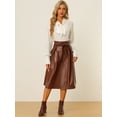 thumbnail image 3 of Falda de piel sintética para mujer Faldas midi elegantes con lazo en la cintura A-Line Marrón M, 3 of 6