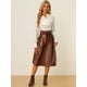 thumbnail image 3 of Falda de piel sintética para mujer Faldas midi elegantes con lazo en la cintura A-Line Marrón M, 3 of 6