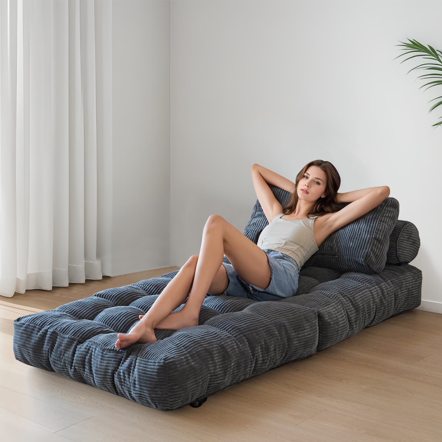 BYBYME Folding Sofa Bed,Convertible Floor Couch for Adult with Pillow with High Density Foam Filling,Comfort Floor Sofa Portable Sleeper Chair for Bedroom Living Room,Dark Gray,Single