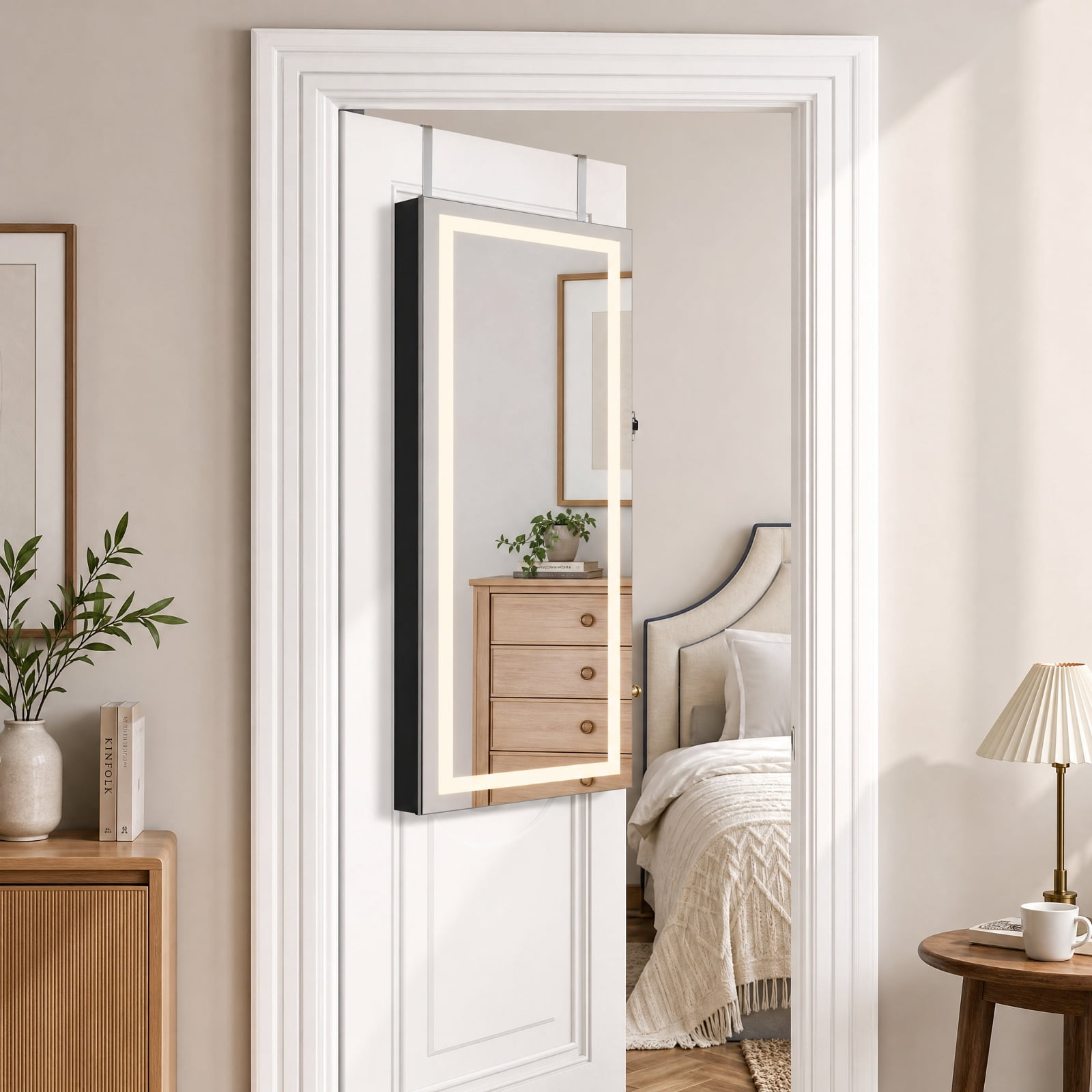Furnibear 42.5 Inches Lockable Jewelry Mirror Wall Cabinet with 3-Color LED Lights for Bedroom Dressing Room Jewelry Necklace Rings Storage, Black