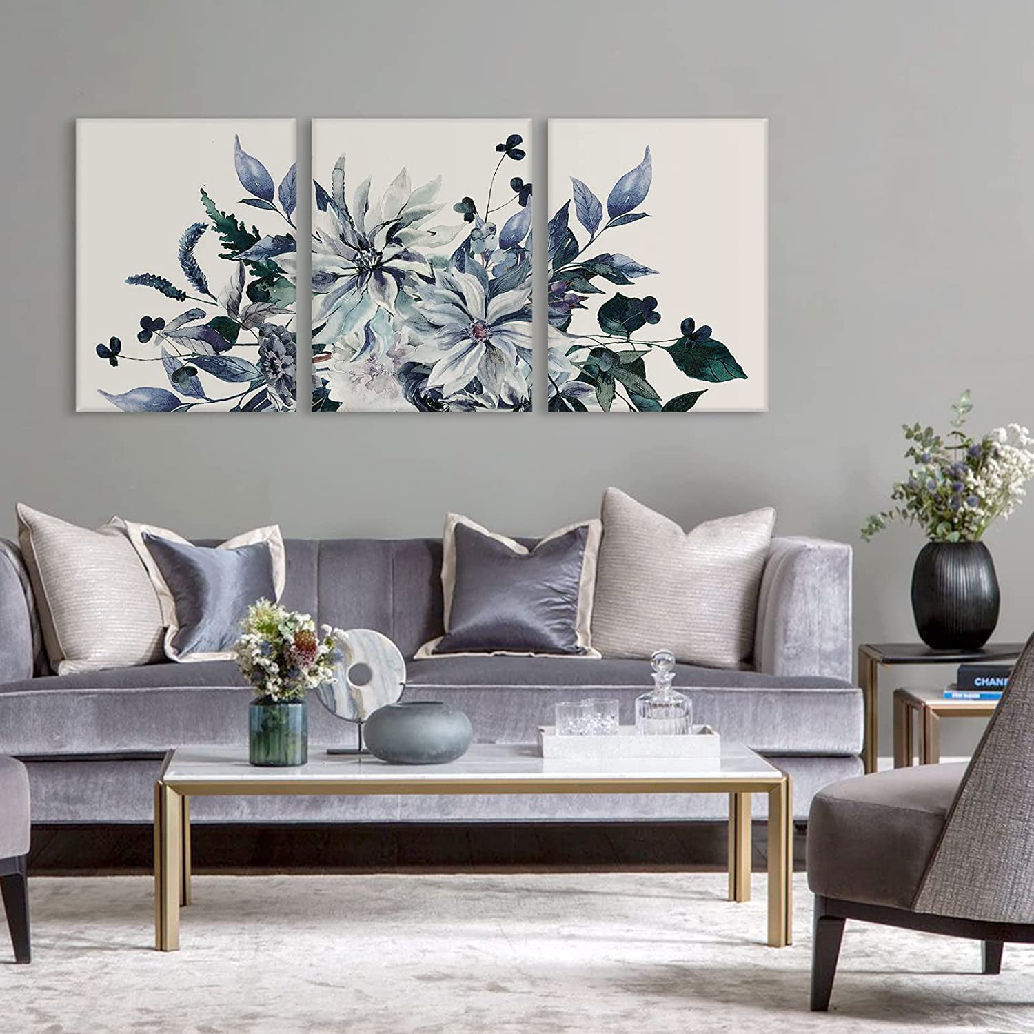 ArtbyHannah 3 Pieces 16x24 inch Blue Purple Floral Framed Canvas Wall Art Set with Violet Flower Prints for Home Decor Ready to Hang