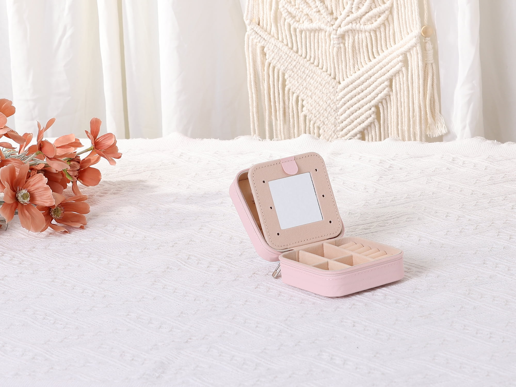 Unique Bargains Jewelry Boxes with Mirror Mini Portable PU Leather Jewelry Organizer Case Pink Letter J