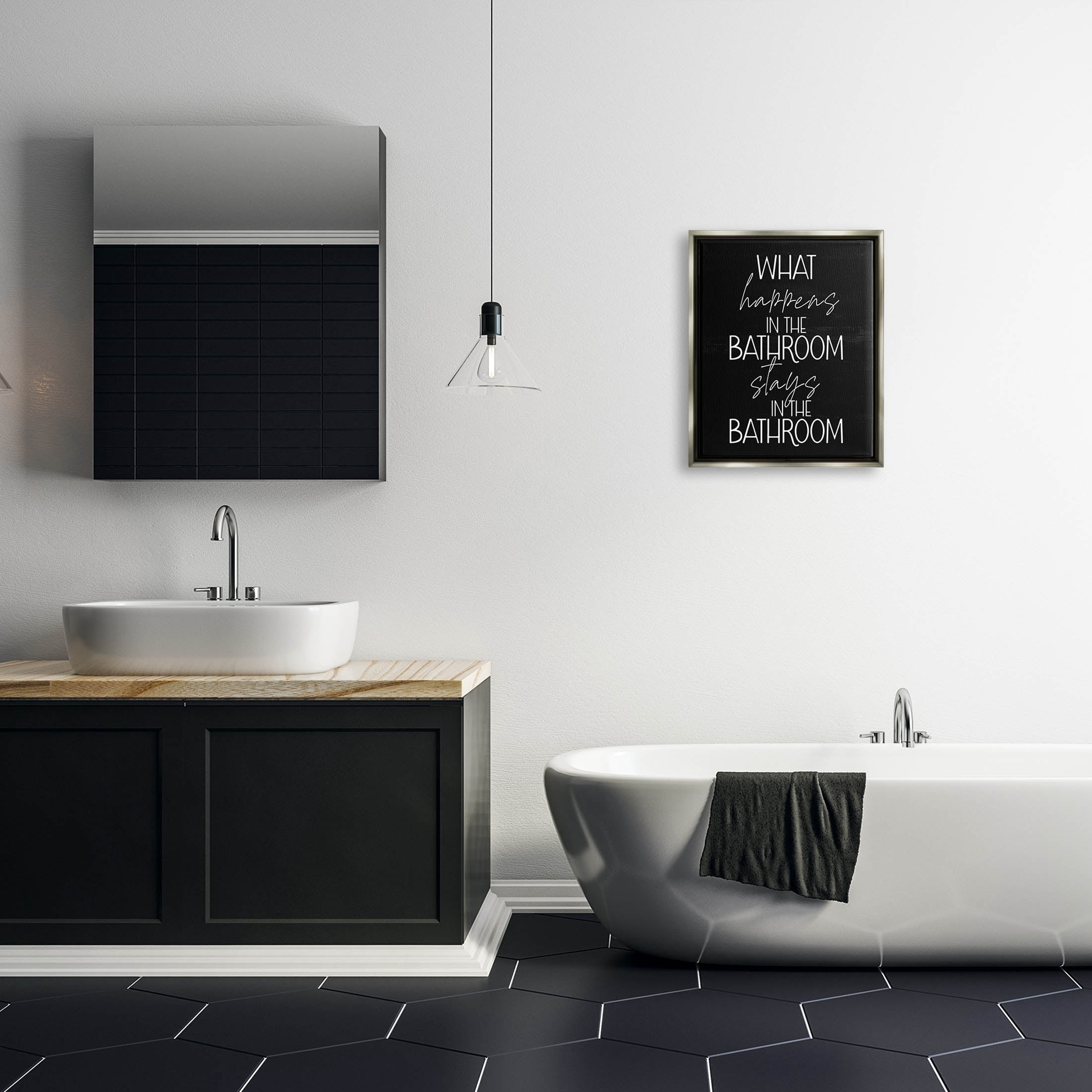 Stupell Industries What Happens In The Bathroom Graphic Art Luster Gray Floating Framed Canvas Print Wall Art, Design by Lil' Rue