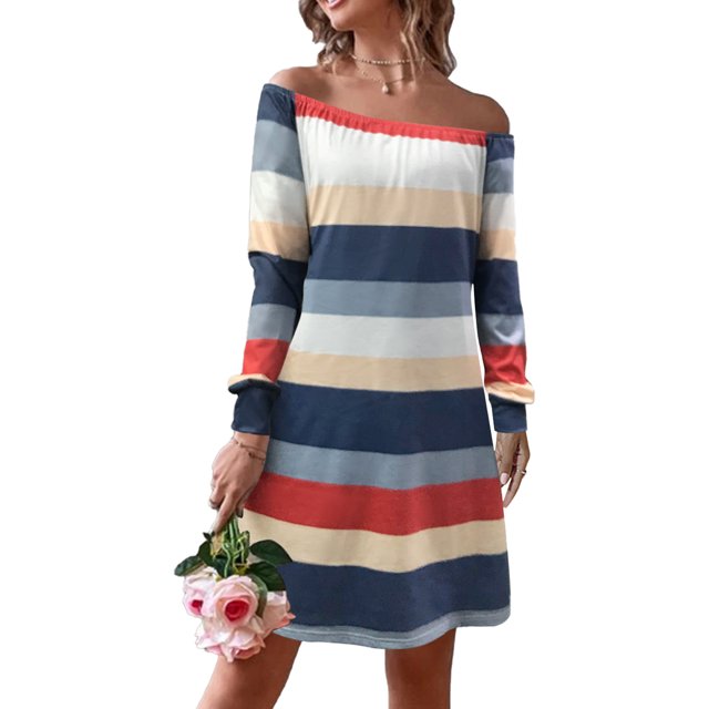 Vestido de manga larga a rayas horizontales, Top de tubo, transpirable, informal, suave, amigable con la piel, vestido de mujer para fiesta y trabajo, azul XXL