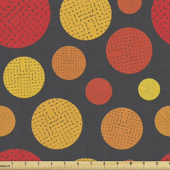 Retro Fabric by the Yard Upholstery, Geometric Pattern of Grunge Rounds in Repetitive Irregular Sizes, Decorative Fabric for DIY and Home Accents, Dark Grey Vermilion by Ambesonne