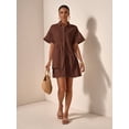 thumbnail image 4 of Brown Solid Front Button Ruffle Hem Short Sleeve Shirt Dress For Women, 4 of 7