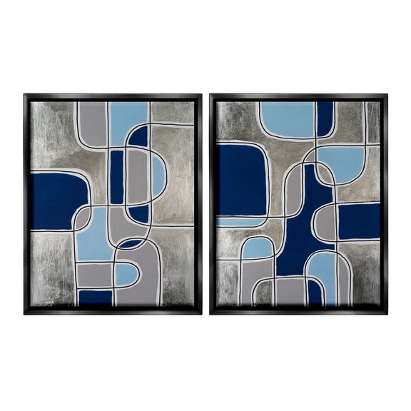 Stupell Industries Blue & Grey Geometrics Abstract Painting Black Floater Framed Canvas Art Print Wall Art, 17 x 21, Set of 2