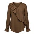 thumbnail image 4 of GUACER Womens Blouses Fashion V Neck Ruffle Trim Asymmetric Hem Loose Fit Linen Long Sleeve Shirts, 4 of 6