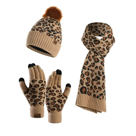 Floleo Women's 3 PC Set Thick Hat Winter Knitted Warm Comfortable Gloves,Fashion Hat,Soft Scarf Outdoor Hat Set(Khaki,Free Size)