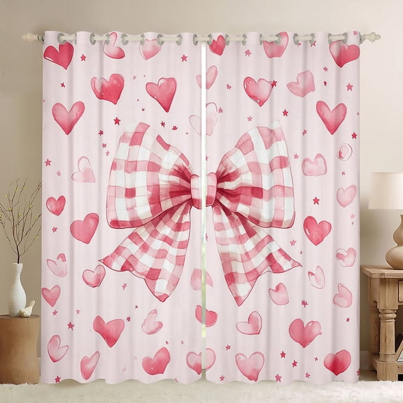 Erosebridal Princess Grid Bowknot Black Out Curtains for Girls, Watercolor Love Heart Curtains Pack of 2 (42x63 Each)