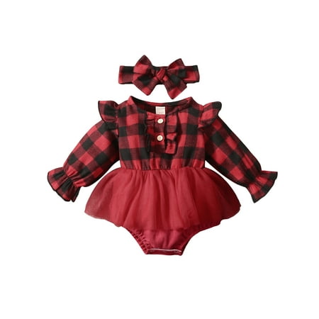 

TheFound 2Pcs Newborn Baby Girls Christmas Outfits Long Sleeved Ruffle Plaids Romper Bodysuit+Headband Clothes