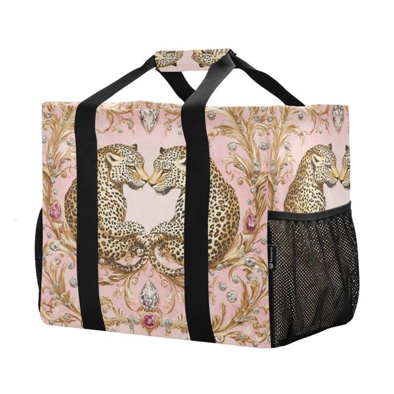 YAZAOO Mesh Beach Bags Totes Foldable Multiple Pockets Creatively The Leopard's Dance Printed