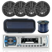 Pyle PLMRB29W Marine Boat USB/SD/MP3 Bluetooth Stereo Receiver With Waterproof Cover Bundle Combo With 4x Enrock 6.5" Inch Dual-Cone Black Upgarde Audio Coaxial Speakers + Enrock 50Ft 16g Speaker Wire