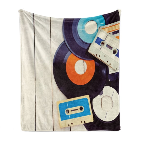 Indie Soft Flannel Fleece Throw Blanket, Gramophone Records and Old Audio Cassettes on Wooden Table Nostalgia Music, Cozy Plush for Indoor and Outdoor Use, 50" x 70", Blue Orange Black, by Ambesonne