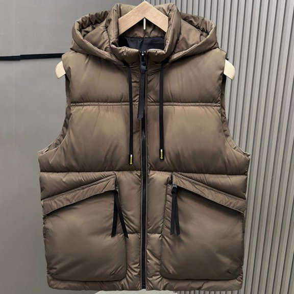 FSYBOA Men's Puffer Vest, Sleeveless Drawstring Daily Hooded Men's Outerwear Vest Coffee Size M