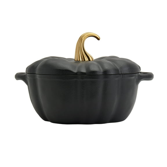 Smith & Clark 4 Quart Pumpkin Enameled Cast Iron Dutch Oven Casserole Pot with Lid, Black
