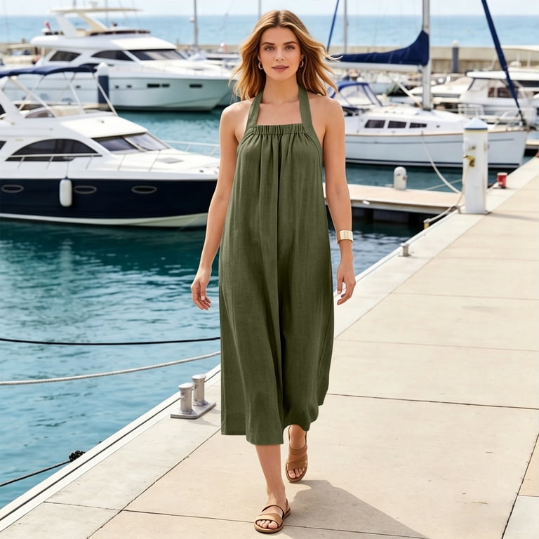 long summer halter dresses Women's Maxi Dress, Sexy Backless Cotton Linen Dresses, Loose Fit Pleated Front Beach Vacation Boho Sundress MQ2190