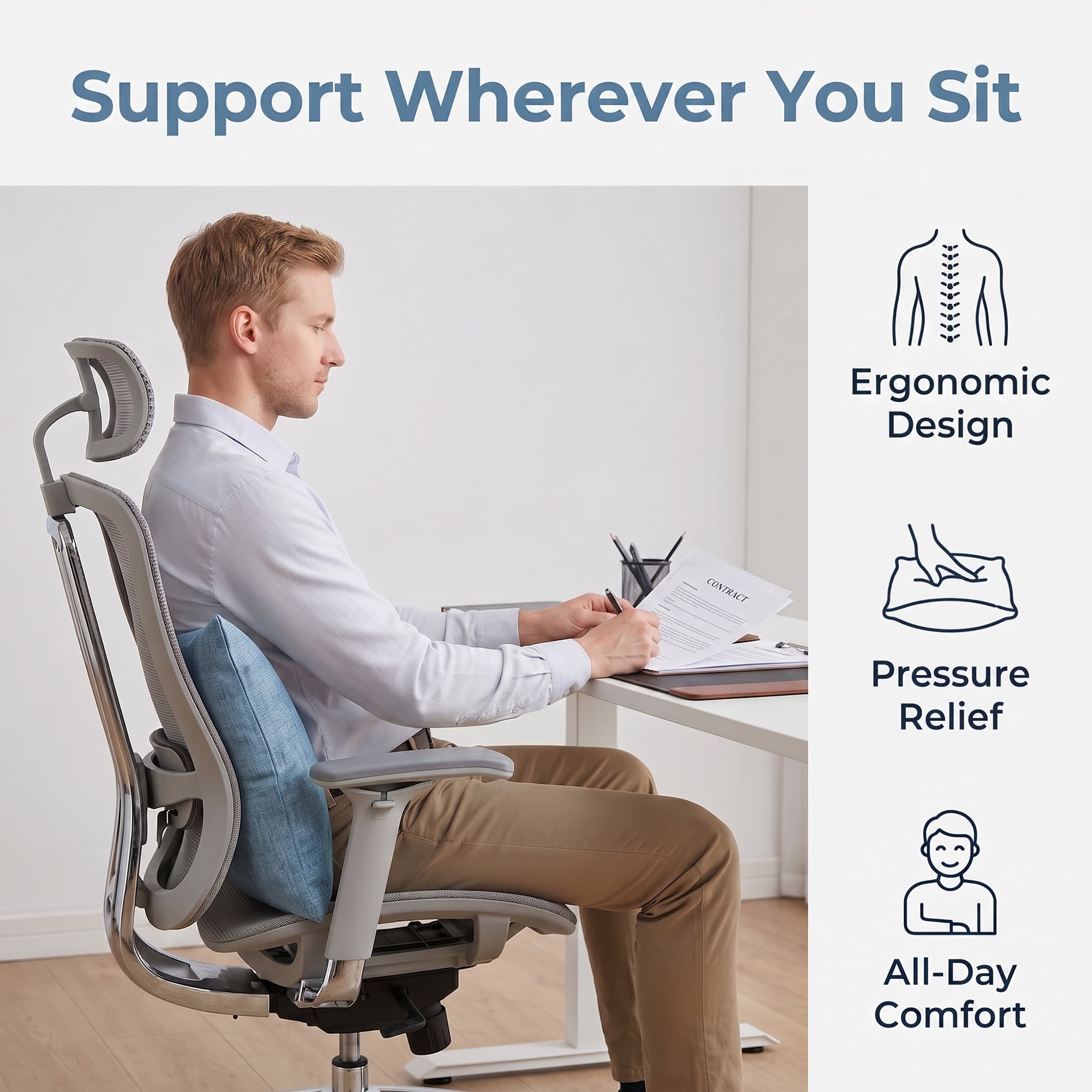 Unique Bargains Lumbar Support Pillow Flax Back Support for Driving Blue 11.8"x19.7"