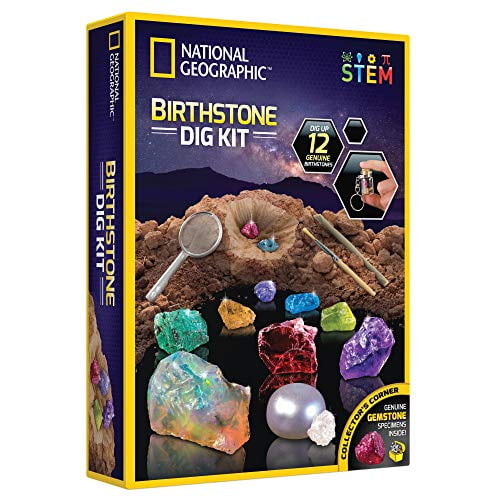 NATIONAL GEOGRAPHIC Birthstone Dig Kit - STEM Science Kit with 12 Genuine Birthstones, Includes a Real Diamond, Ruby, Sapphire, Pearl, & More, Dig Up Stunning Gemstones, Toys for Girls, Toys for Boys