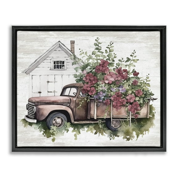 Stupell Industries Burgundy Flowers Truck Transportation Painting Black Floater Framed Canvas Art Print Wall Art, 21 x 17