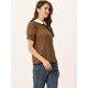 thumbnail image 3 of Blusa De Manga Corta Con Cuello Peter Pan En Contraste Vintage Para Mujer Marrón Oscuro S, 3 of 5