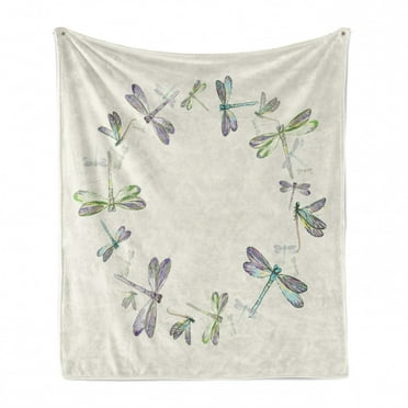 Dragonfly Soft Flannel Fleece Blanket, Dragonflies in Circular Formation Hand Drawn Woodland Animals with Retro Effect, Cozy Plush for Indoor and Outdoor Use, 60" x 80", Multicolor, by Ambesonne