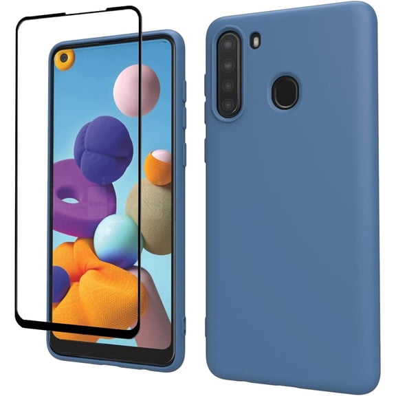 for Samsung Galaxy A21 Case, with Tempered Glass Screen Protector [2 Pack], Liquid Silicone Slim Soft TPU Fit Drop Protection Phone Case (Blue)